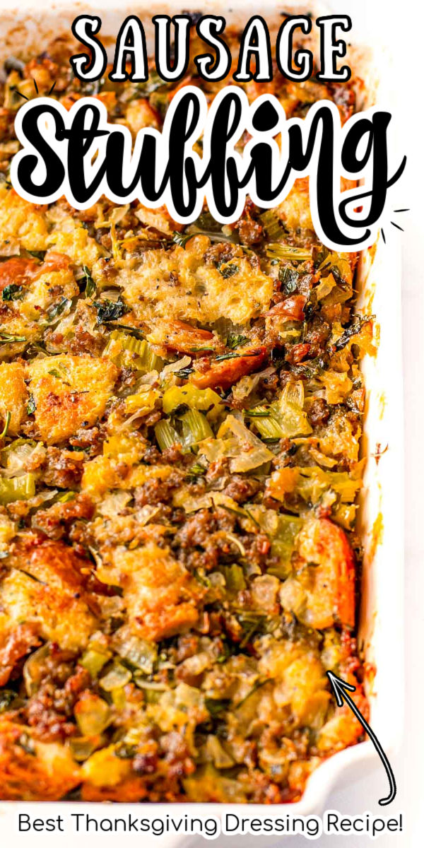 This Sausage Stuffing Recipe is a delicious side dish for Thanksgiving or big family dinners! Made with cubed French bread, aromatic spices, chicken broth, and ground sausage, it’s the perfect addition to any holiday spread. via @sugarandsoulco