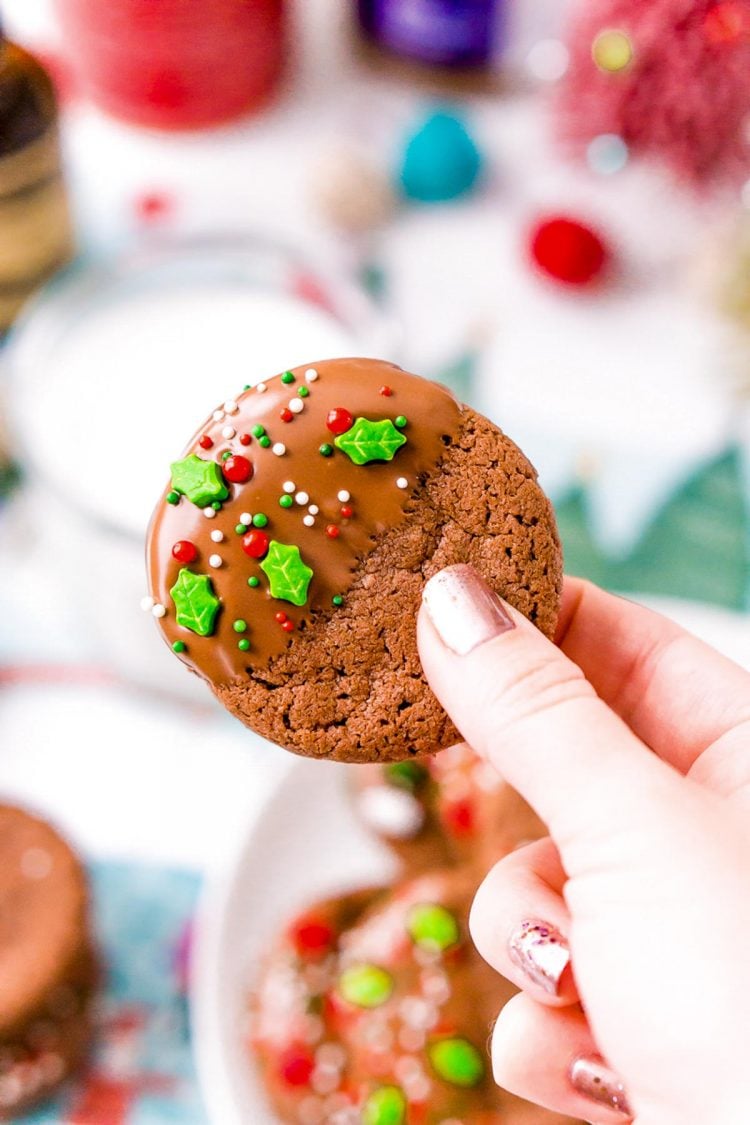 A woman's hand holding up a holiday decorated chocolate cookie.