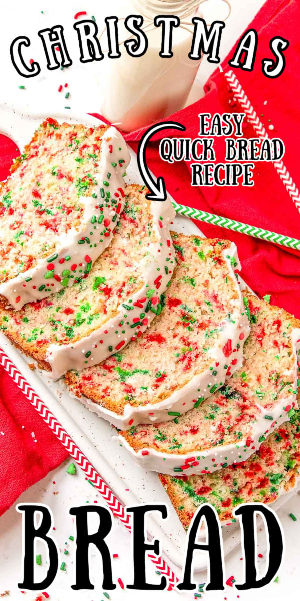 This delicious Christmas Bread is an easy quick bread recipe that is studded with holiday sprinkles, glazed with a delicious vanilla glaze, and then topped off with even more sprinkles. It's the perfect holiday treat everyone can enjoy! via @sugarandsoulco