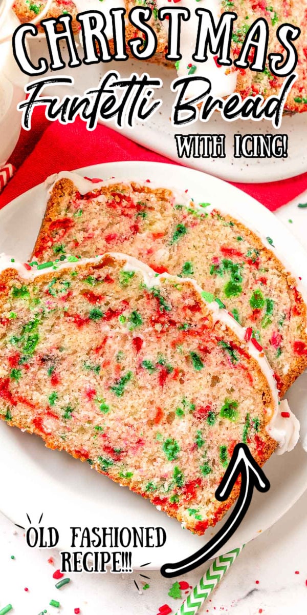 This delicious Christmas Funfetti Bread is an easy quick bread recipe that is studded with holiday sprinkles, glazed with a delicious vanilla glaze, and then topped off with even more sprinkles. It's the perfect holiday treat everyone can enjoy! via @sugarandsoulco