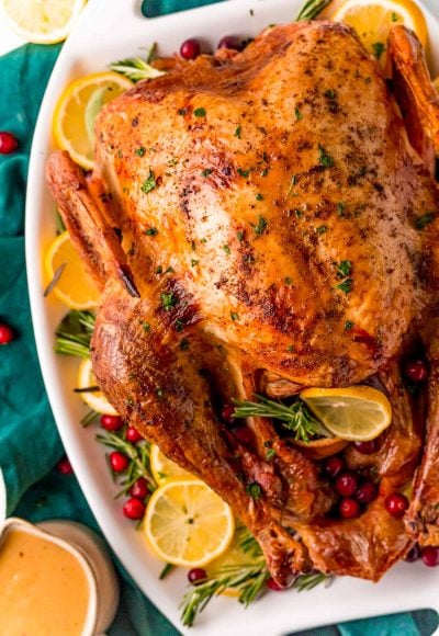 Overhead photo of a roasted turkey on a white platter with lemons, herbs, and cranberries around it.