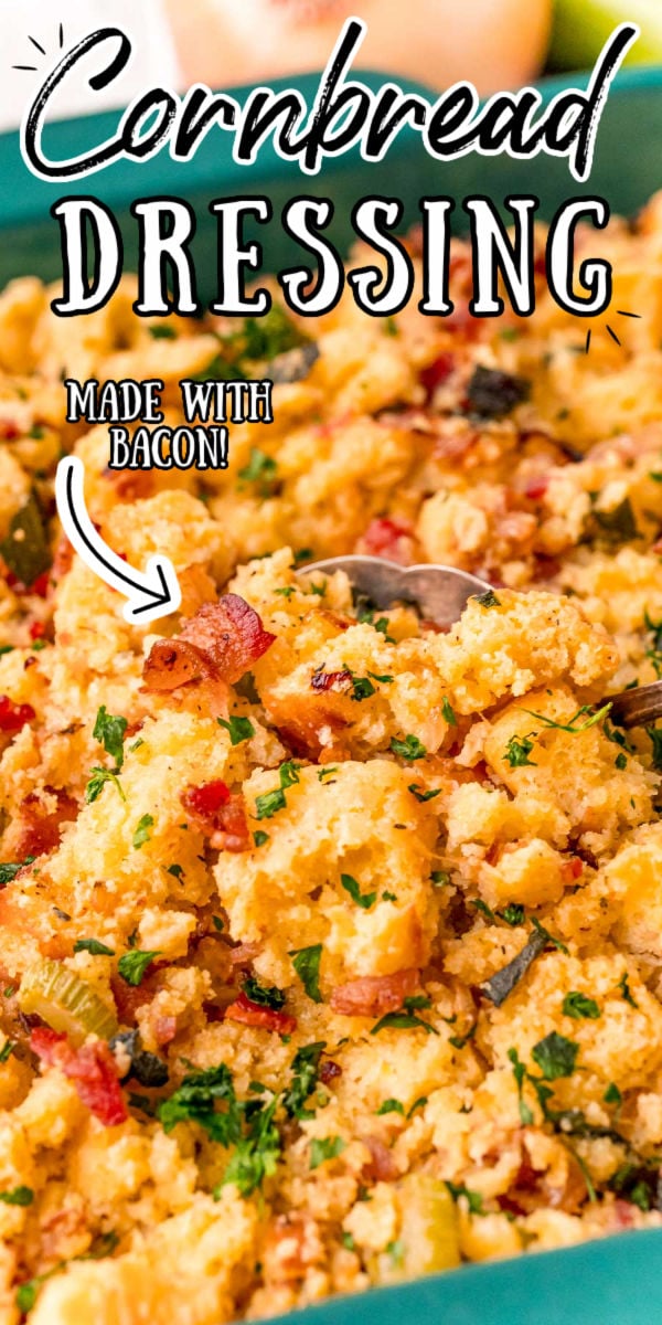 Southern Cornbread Dressing (otherwise known as Cornbread Stuffing) is a delicious take on a classic Thanksgiving side dish. This recipe is made with stale Buttermilk Cornbread then flavored with herbs, spices, and bacon! via @sugarandsoulco