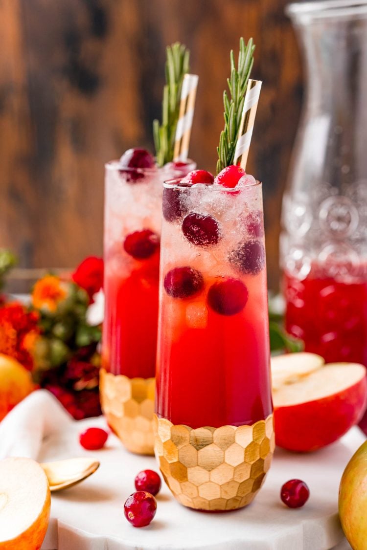 Close up photo of two fluted glasses filled with a red cocktail and cranberries.