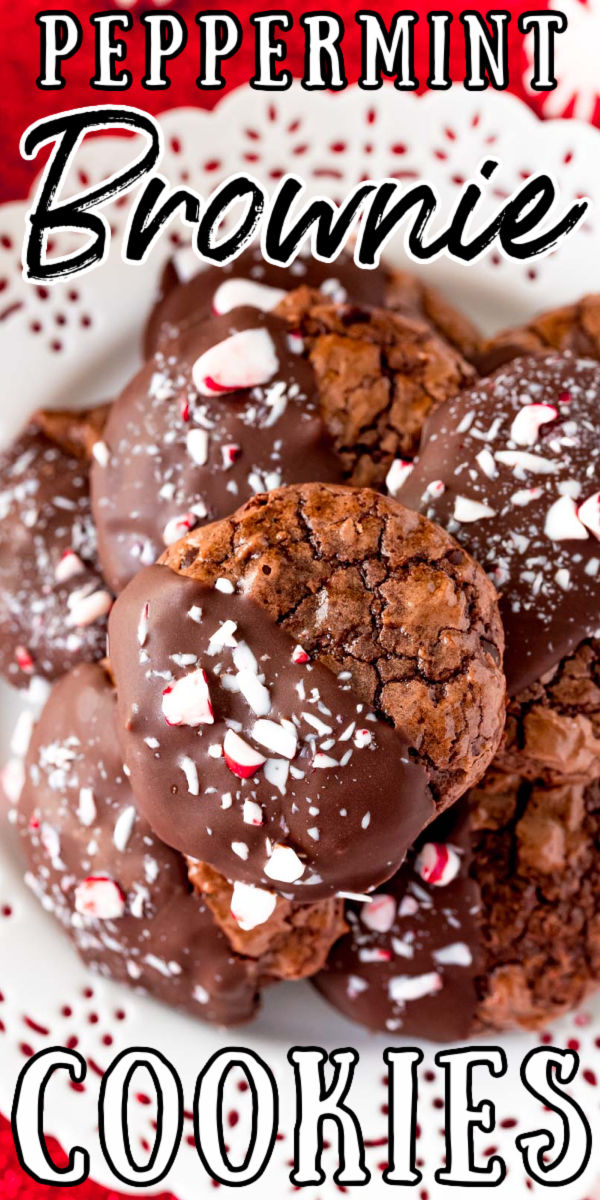Peppermint Brownie Cookies start with a doctored brownie mix that makes them perfectly fudgy, chewy, and chocolatey! This easy cookie recipe requires zero chilling and after baking you dip them in melted Andes mints and top with crushed candy canes! via @sugarandsoulco