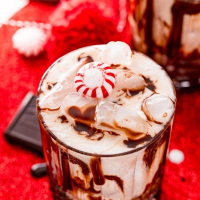 Close up photo of a chocolate peppermint white russian cocktail.