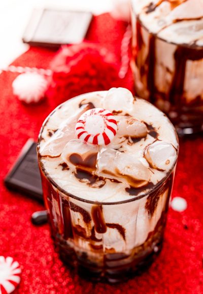 Close up photo of a chocolate peppermint white russian cocktail.