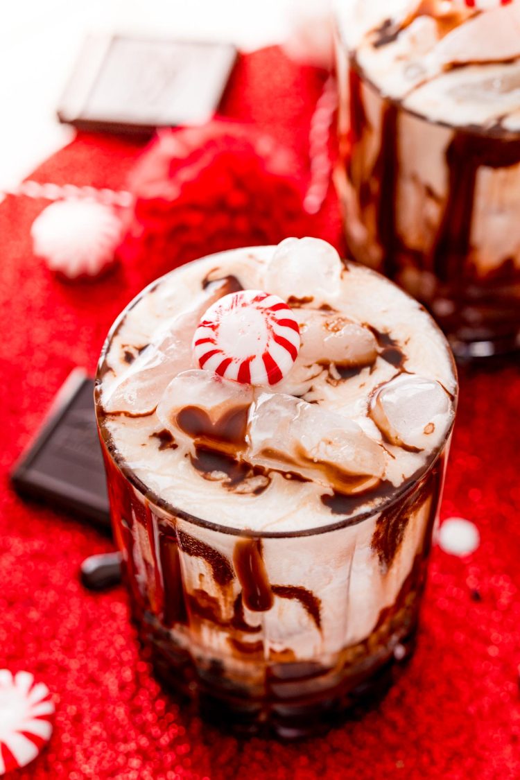 Close up photo of a chocolate peppermint white russian cocktail.