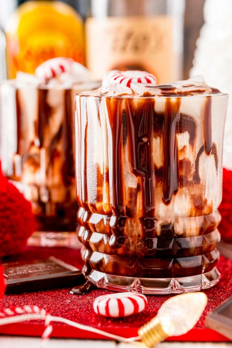 Close up photo of a peppermint chocolate white russian.