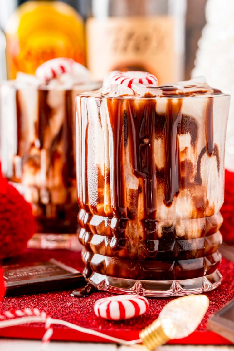 Close up photo of a peppermint chocolate white russian.