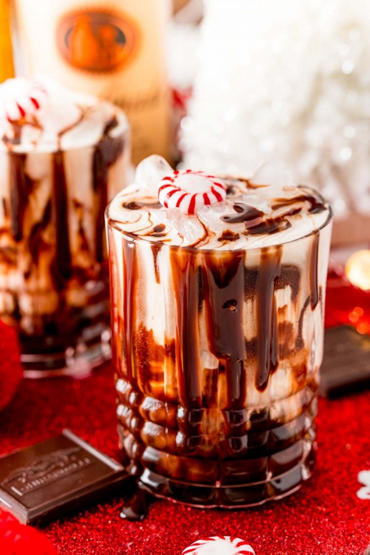 Close up photo of a peppermint chocolate white russian.