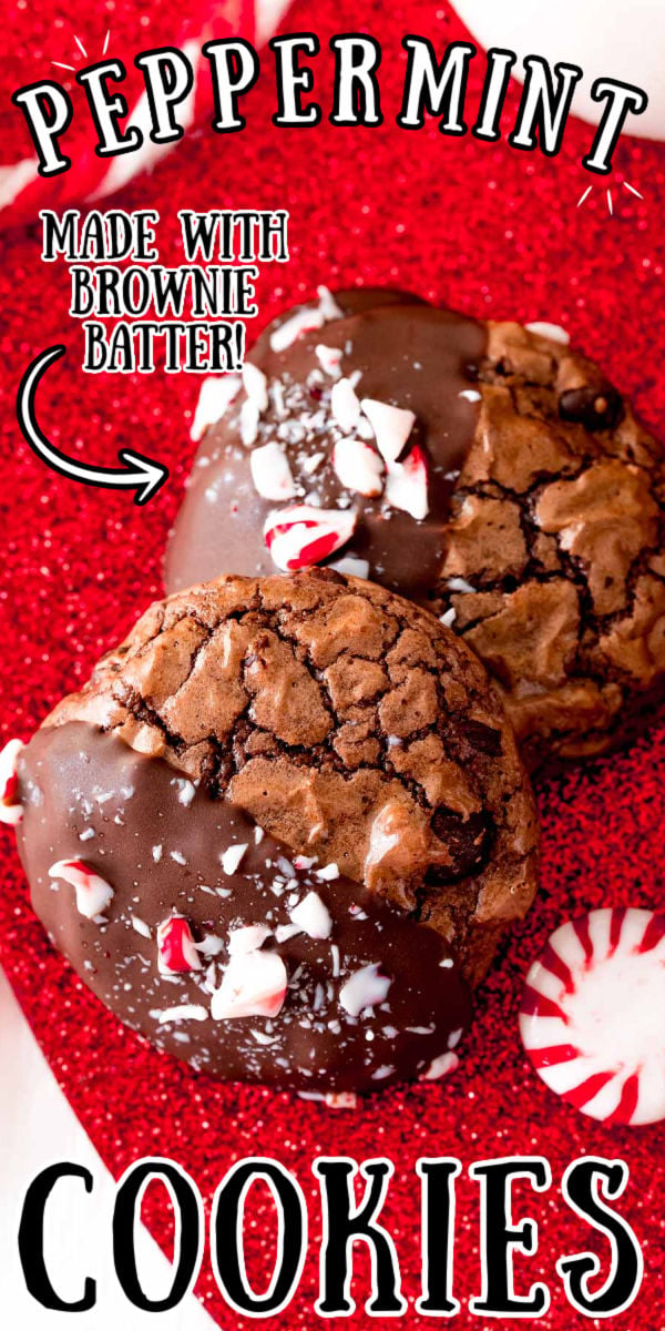 Peppermint Brownie Cookies start with a doctored brownie mix that makes them perfectly fudgy, chewy, and chocolatey! This easy cookie recipe requires zero chilling and after baking you dip them in melted Andes mints and top with crushed candy canes! via @sugarandsoulco