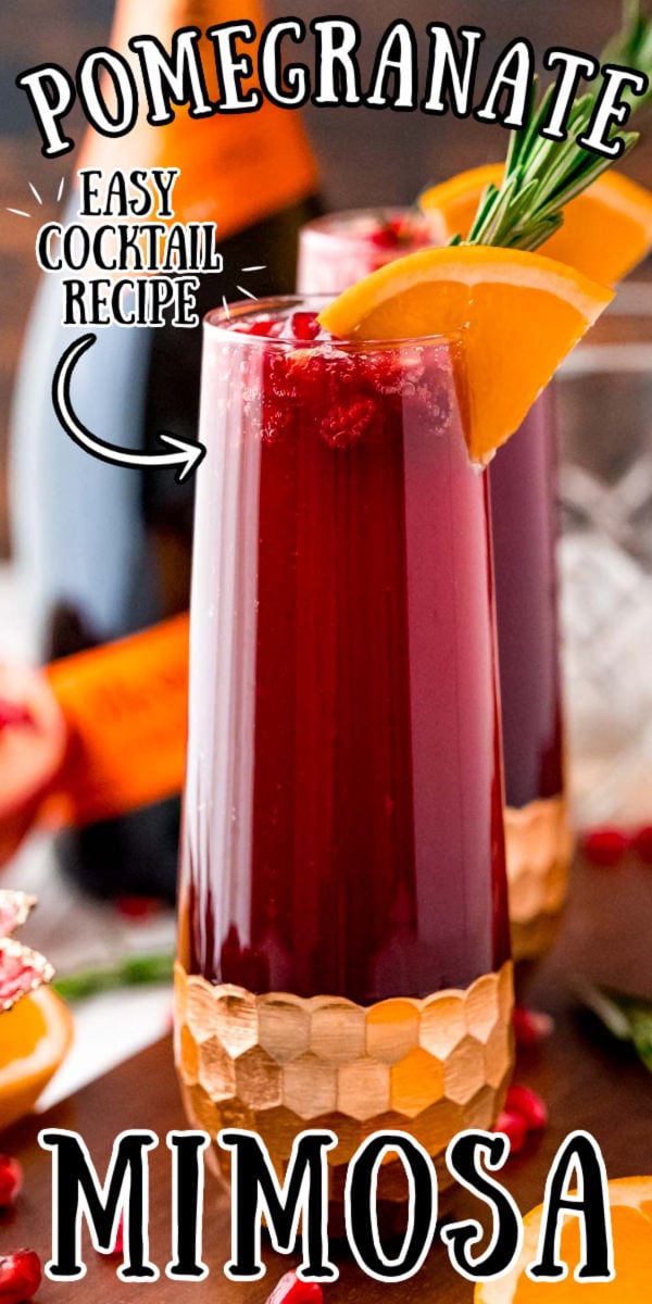 This Orange Pomegranate Mimosa is the perfect cocktail for any upcoming brunch dates. Made with Pomegranate juice, orange juice, and prosecco this is the perfect fruity drink to serve during your winter holiday get-togethers! via @sugarandsoulco