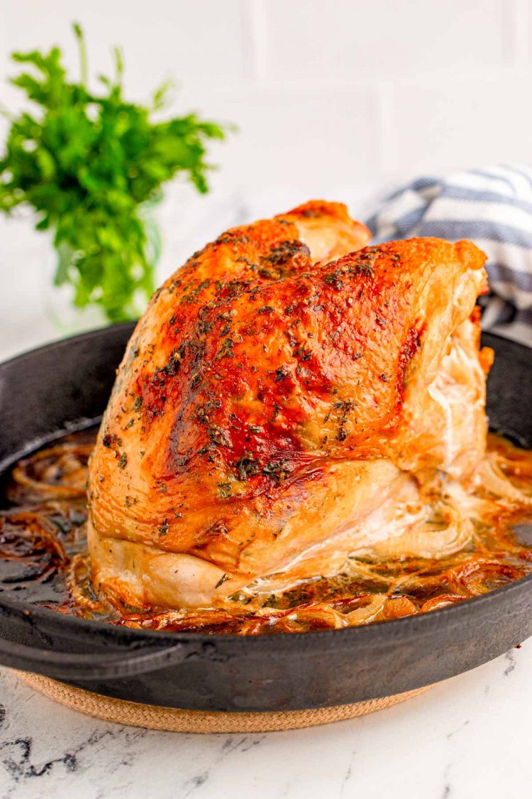 A roasted turkey breast in a castiron skillet.