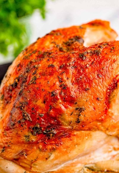 Close up photo of an oven roasted turkey breast.