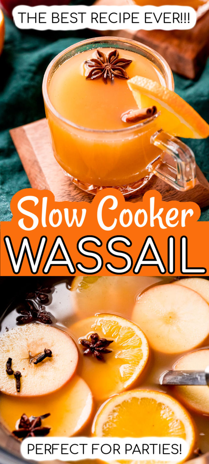 dit hete Wassail recept is een heerlijke drank gemaakt met warme appelcider, sap, bruine suiker en specerijen. Dit Warme vakantie drankje wordt gemaakt in de slow cooker voor gemak en is perfect voor het serveren op bijeenkomsten! via @sugarandsoulco