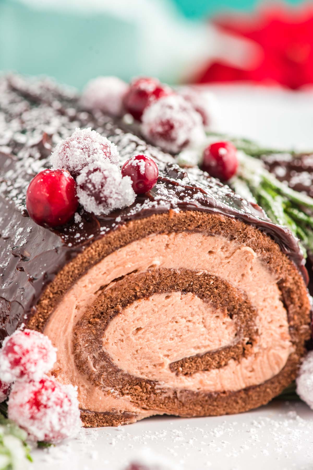 Close up photo of a buche de noel yule log cake with chocolate filling topped with cranberries and rosemary.