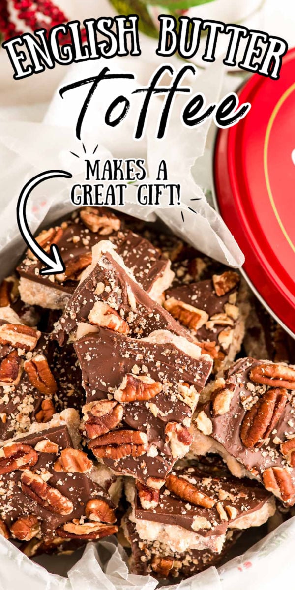 This Homemade English Toffee is crunchy, buttery, and chocolaty and loaded with almonds and pecans for a rich and decadent candy recipe that's perfect for sharing! via @sugarandsoulco