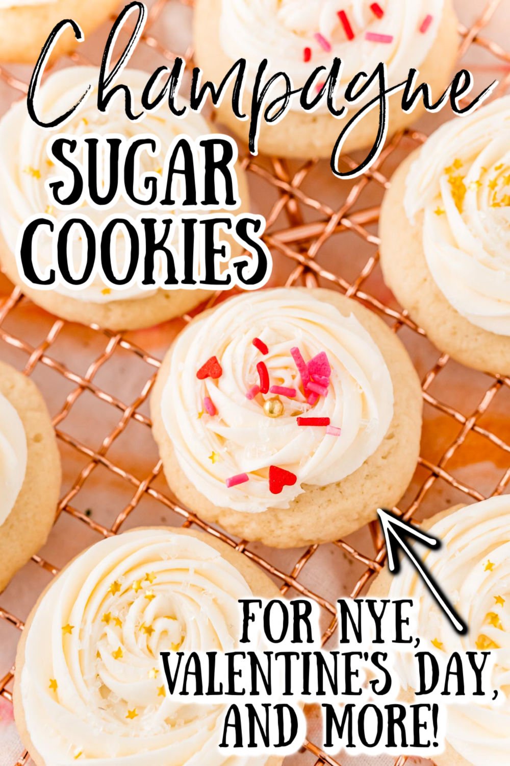 Champagne Sugar Cookies are an amazingly light and fluffy cookie topped with a silky and luxurious champagne buttercream frosting! These cookies are perfect for New Year’s Eve, but can also be enjoyed while cuddled up next to the one you love on Valentine’s Day or when celebrating the new bride!  via @sugarandsoulco