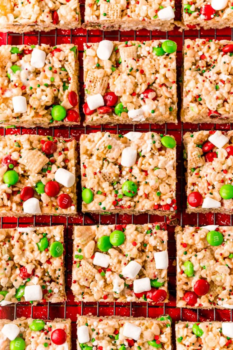 Overhead photo of rice krispie treats sliced on a wire rack.