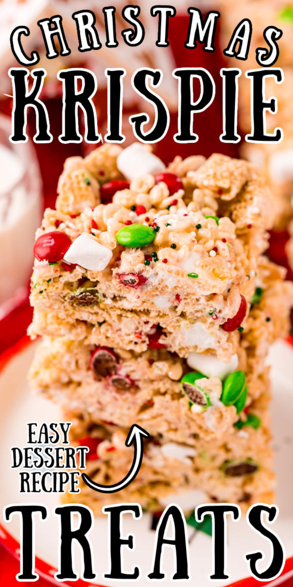 These Christmas Rice Krispie Treats are made with butter, marshmallows, cereal, candy, and more for a festive no-bake dessert that's ready in no time! via @sugarandsoulco