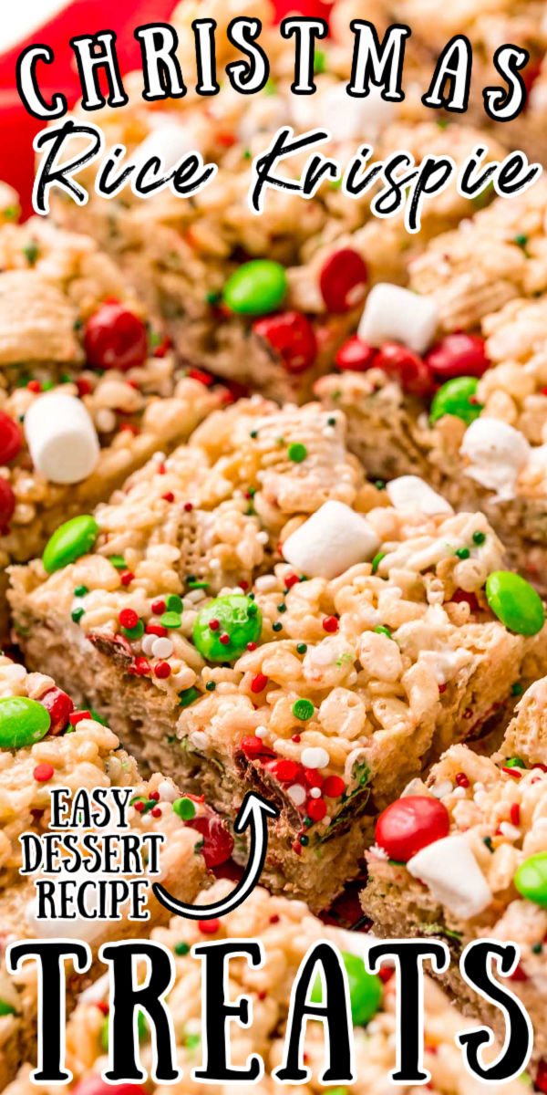 These Christmas Rice Krispie Treats are made with butter, marshmallows, cereal, candy, and more for a festive no-bake dessert that's ready in no time! via @sugarandsoulco