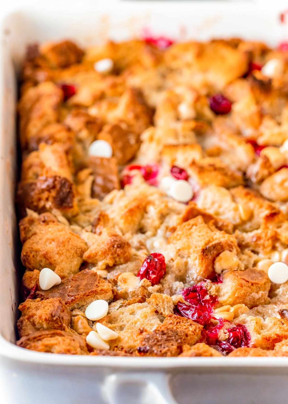 Cranberry and white chocolate bread pudding in a white baking dish.
