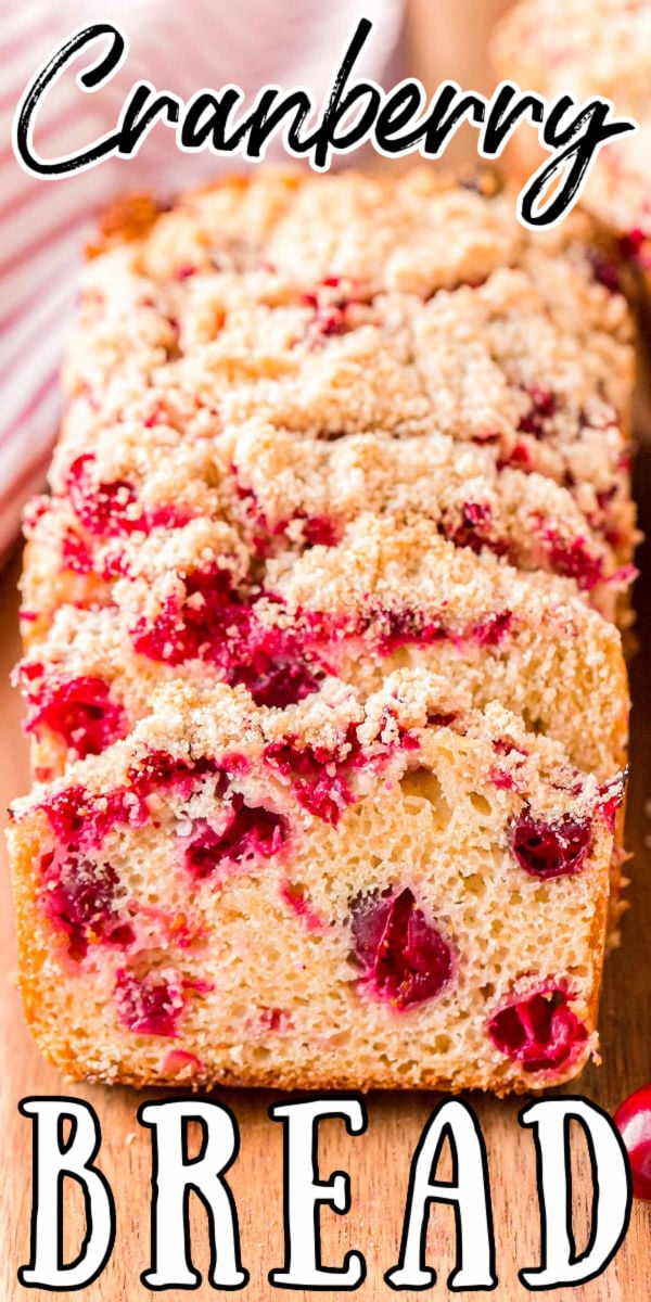 This Cranberry Bread is a deliciously tender quick bread dotted with juicy, tart cranberries and topped with a buttery crumble topping! Enjoy it with coffee or warmed up with vanilla ice cream or wrap it up as a gift. via @sugarandsoulco