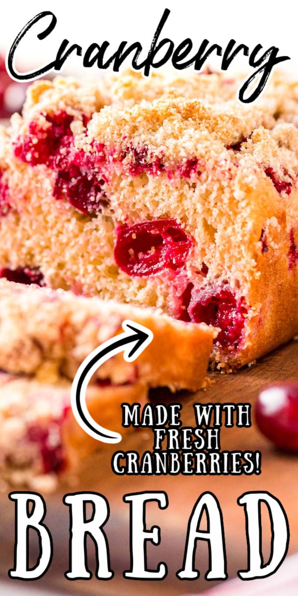 This Cranberry Bread is a deliciously tender quick bread dotted with juicy, tart cranberries and topped with a buttery crumble topping! Enjoy it with coffee or warmed up with vanilla ice cream or wrap it up as a gift. via @sugarandsoulco