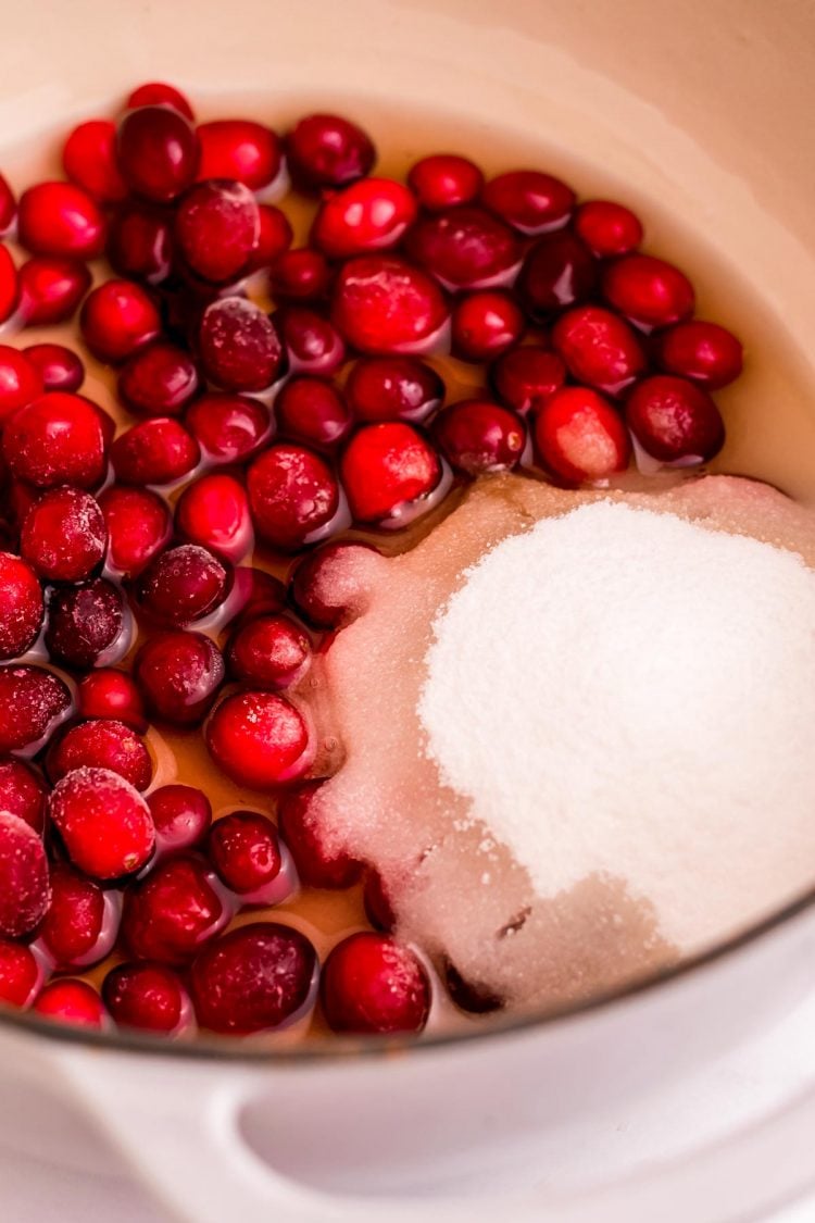 Cranberries and sugar in a saucepan to make a cranberry compote.