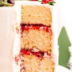 A three-layer cake with cranberry filling and white chocolate frosting that has been cut into to reveal the layers.