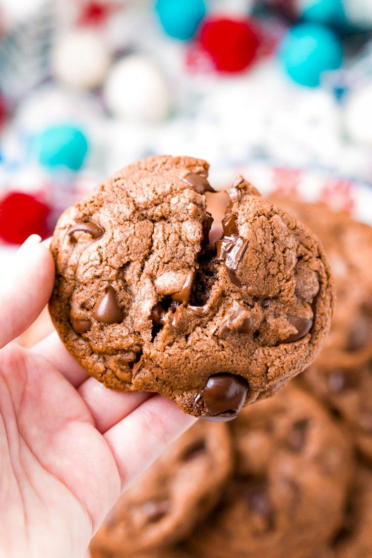 A woman's hand holding a chocolate chocolate chip cookie that's cracking in half.