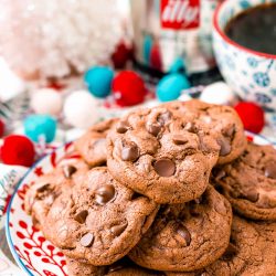 Close up photo of a plate of espresso chocolate chip cookies.