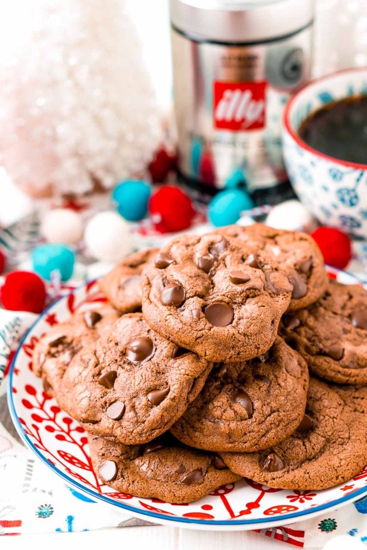 Close up photo of a plate of espresso chocolate chip cookies.