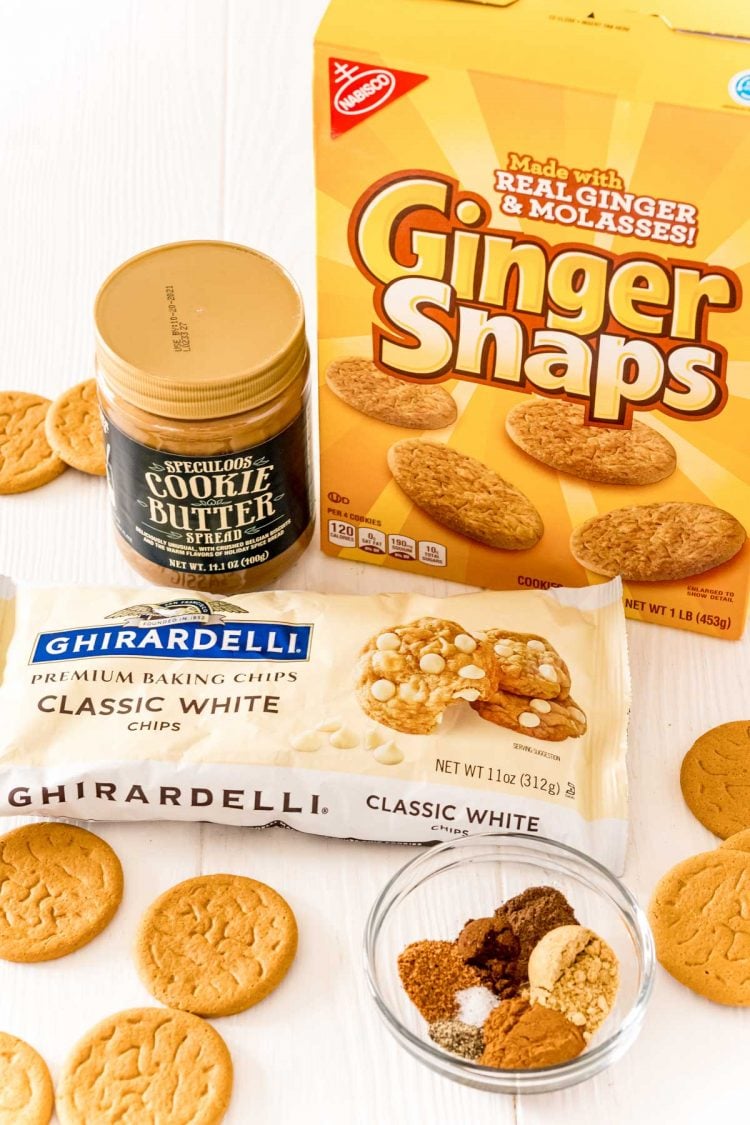 Ingredients to make gingerbread truffles on a white table.