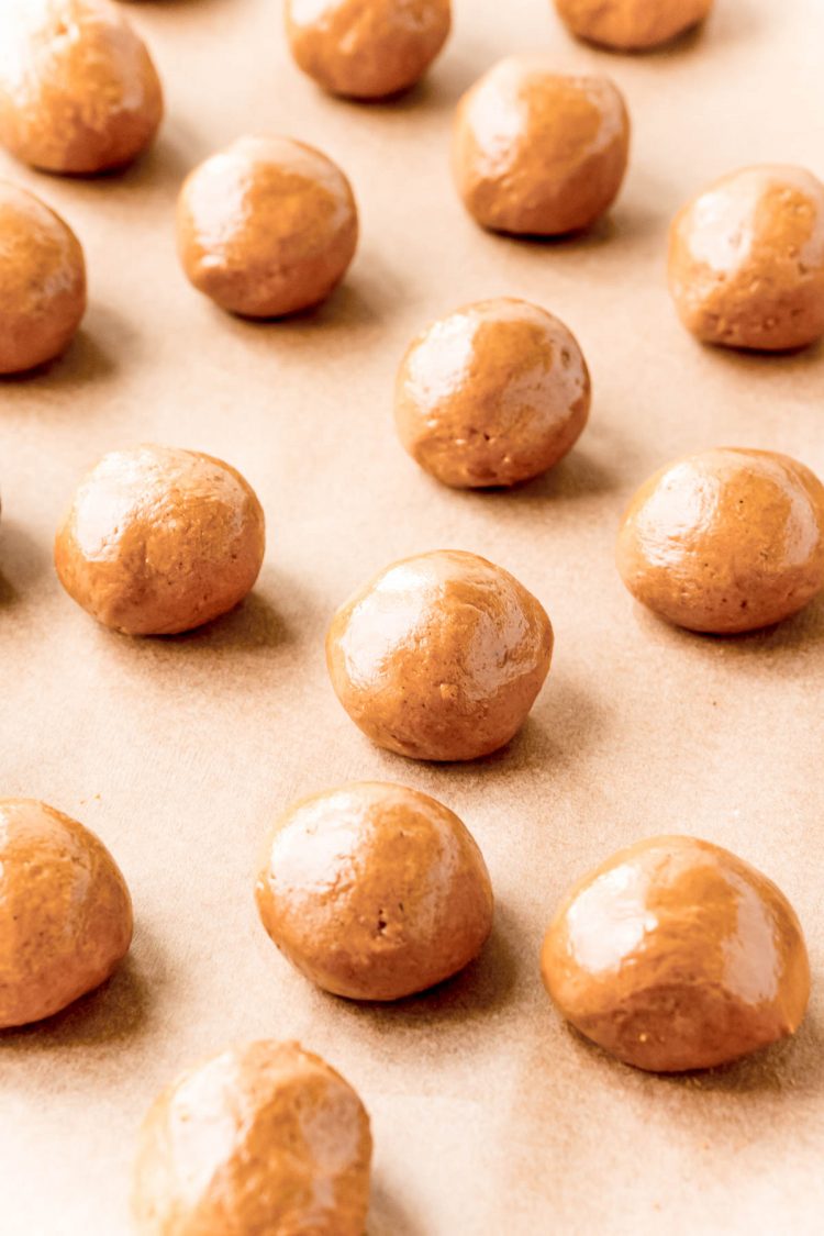 Gingerbread truffles on a parchment lined baking sheet ready to chill.