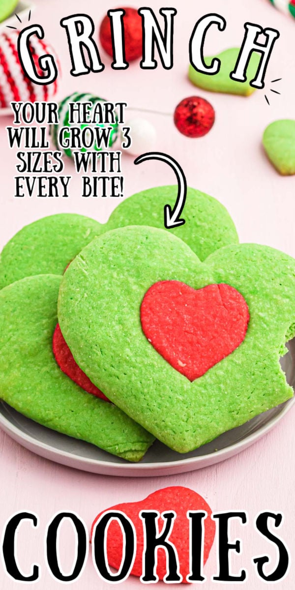These Heart-Shaped Grinch Cookies were inspired by the most recent adaptation of How The Grinch Stole Christmas! Made with a basic sugar cookie dough and colored red and green to create the cutest cookies of the season! via @sugarandsoulco