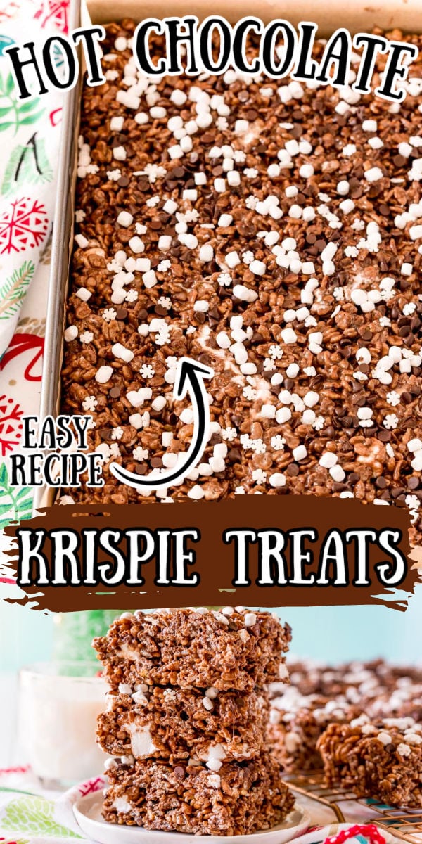 These Hot Chocolate Rice Krispie Treats are loaded with sweet marshmallows and chocolate flavor! They even have hot cocoa mix in them and are the perfect no-bake treat for winter! via @sugarandsoulco