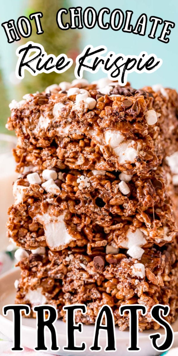 These Hot Chocolate Rice Krispie Treats are loaded with sweet marshmallows and chocolate flavor! They even have hot cocoa mix in them and are the perfect no-bake treat for winter! via @sugarandsoulco
