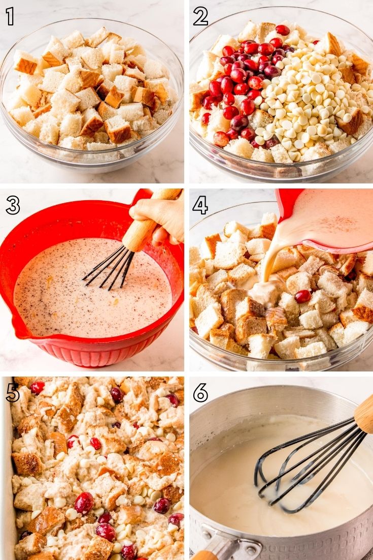 Step-by-step photo collage showing how to make bread pudding.