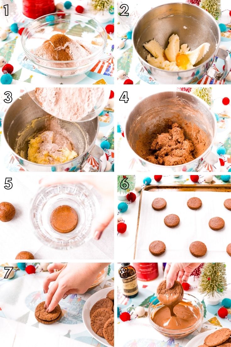 Step by step photo collage showing how to make chocolate sandwich cookies.