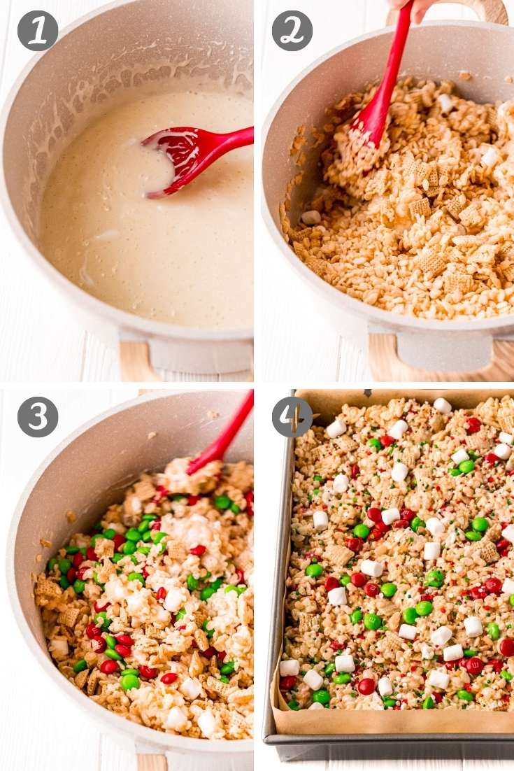 Step by step photo collage of how to make Christmas rice krispies treats.