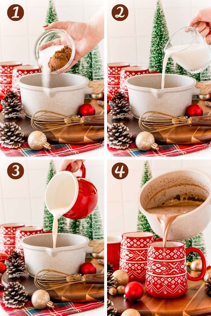 Step-by=step photo collage showing how to make eggnog hot chocolate.