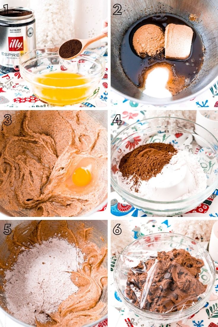 Step by step photo collage showing how to my espresso chocolate chip cookies.