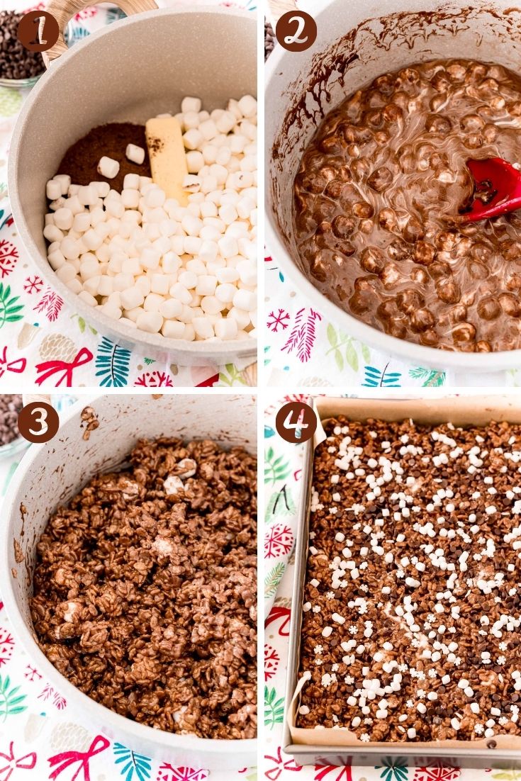 Step by step photo collage showing how to make hot chocolate rice krispie treats.