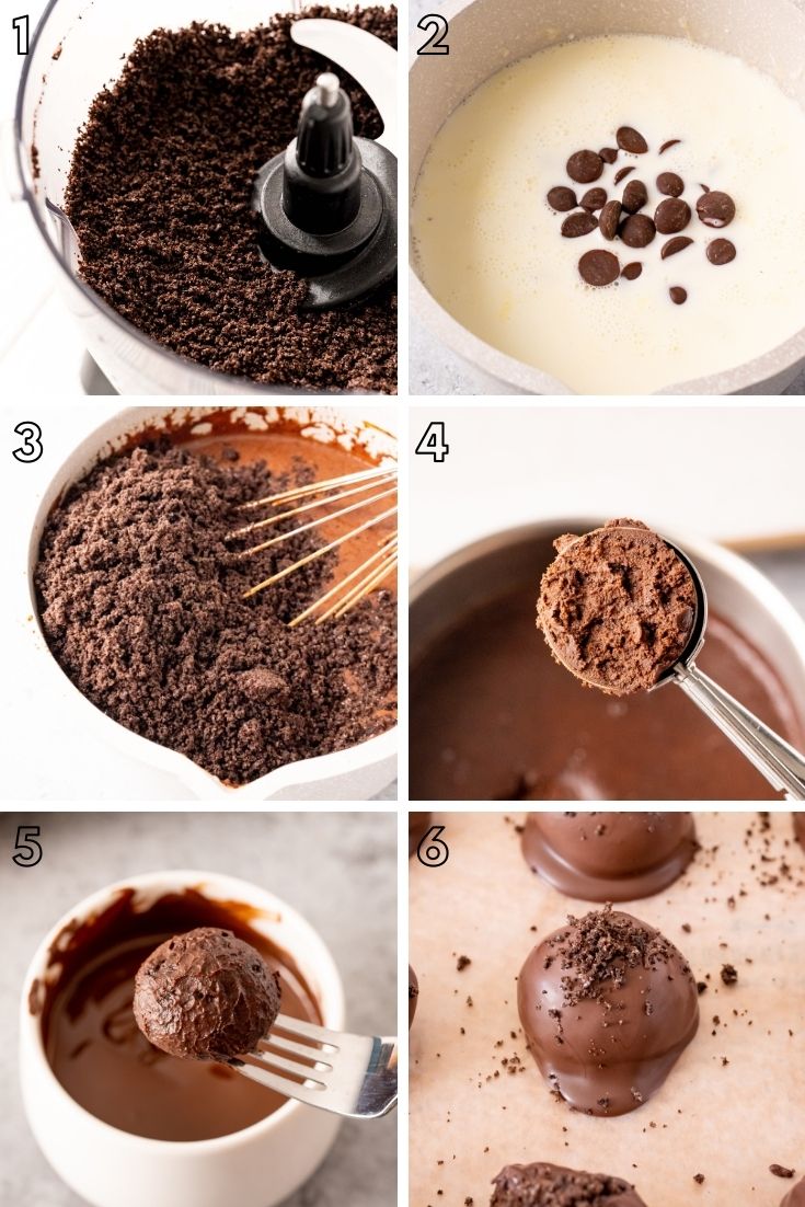 Step-by=step photo collage showing how to make oreo truffles.