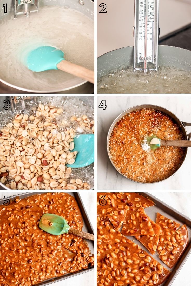 Step-by-step photo collage showing how to make peanut brittle.