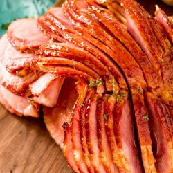 Close up photos slightly overhead of a spiral ham.