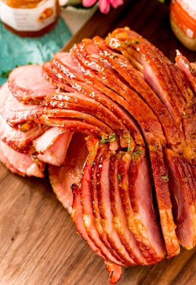 Close up photos slightly overhead of a spiral ham.