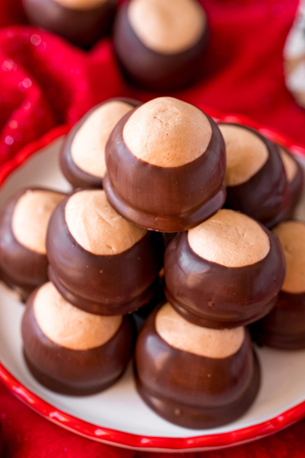 Close up, slightly overhead photo of a plate of buckeyes.