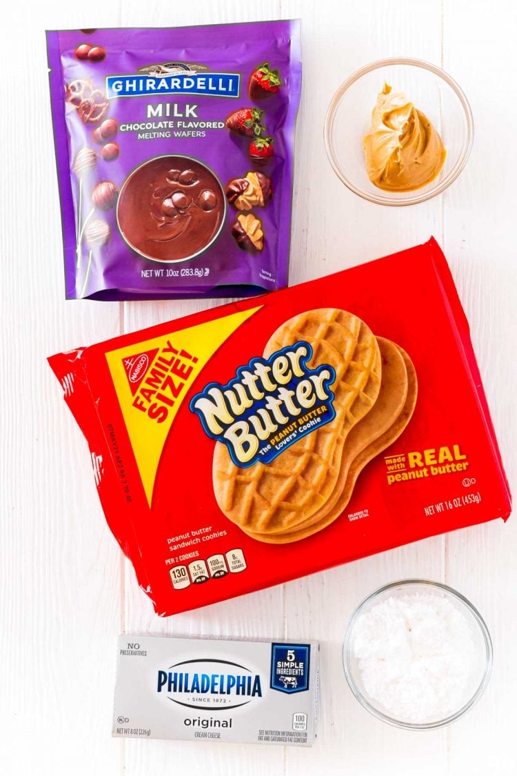 Overhead photo of the ingredients used to make peanut butter cheesecake balls.